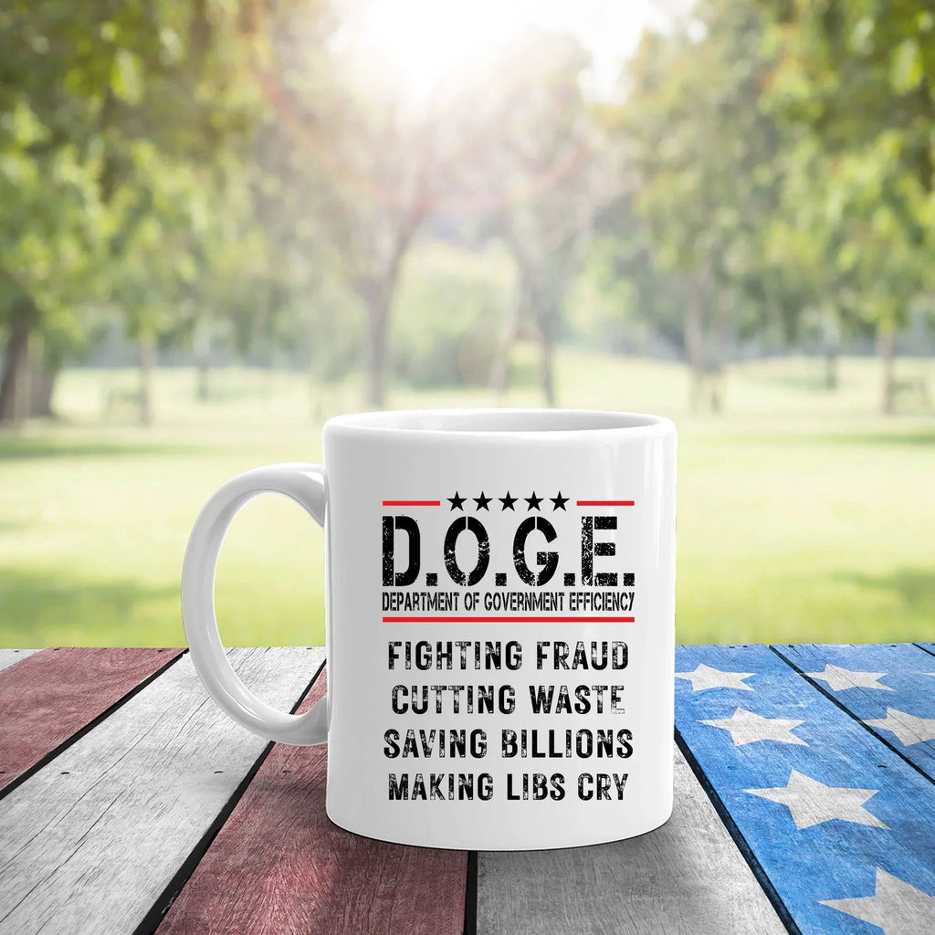 D.O.G.E. Coffee Mug – Funny Conservative Political Gift – Fighting Fraud, Cutting Waste, Saving Billions – 11oz & 15oz White Ceramic Cup