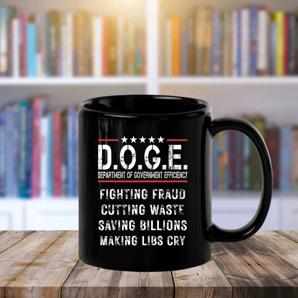 D.O.G.E. Coffee Mug – Funny Conservative Political Gift – Fighting Fraud, Cutting Waste, Saving Billions – 11oz & 15oz Black Ceramic Cup