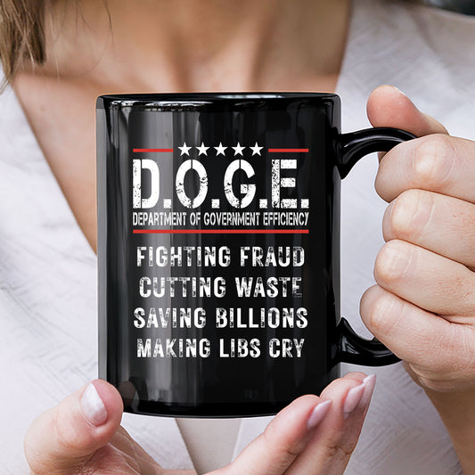 D.O.G.E. Coffee Mug – Funny Conservative Political Gift – Fighting Fraud, Cutting Waste, Saving Billions – 11oz & 15oz Black Ceramic Cup - Mallard Moon Gift Shop