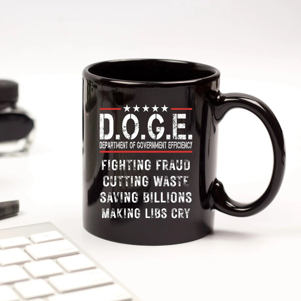 D.O.G.E. Coffee Mug – Funny Conservative Political Gift – Fighting Fraud, Cutting Waste, Saving Billions – 11oz & 15oz Black Ceramic Cup