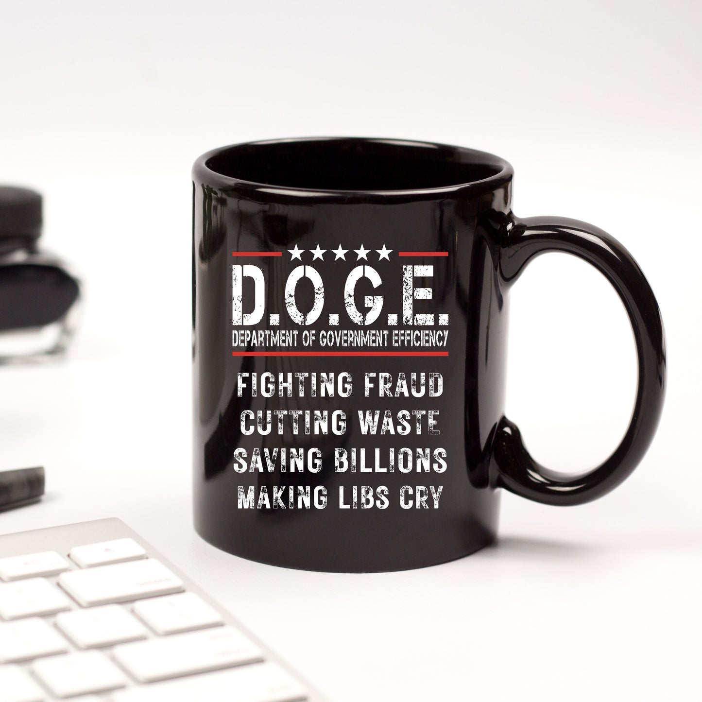 D.O.G.E. Coffee Mug – Funny Conservative Political Gift – Fighting Fraud, Cutting Waste, Saving Billions – 11oz & 15oz Black Ceramic Cup - Mallard Moon Gift Shop