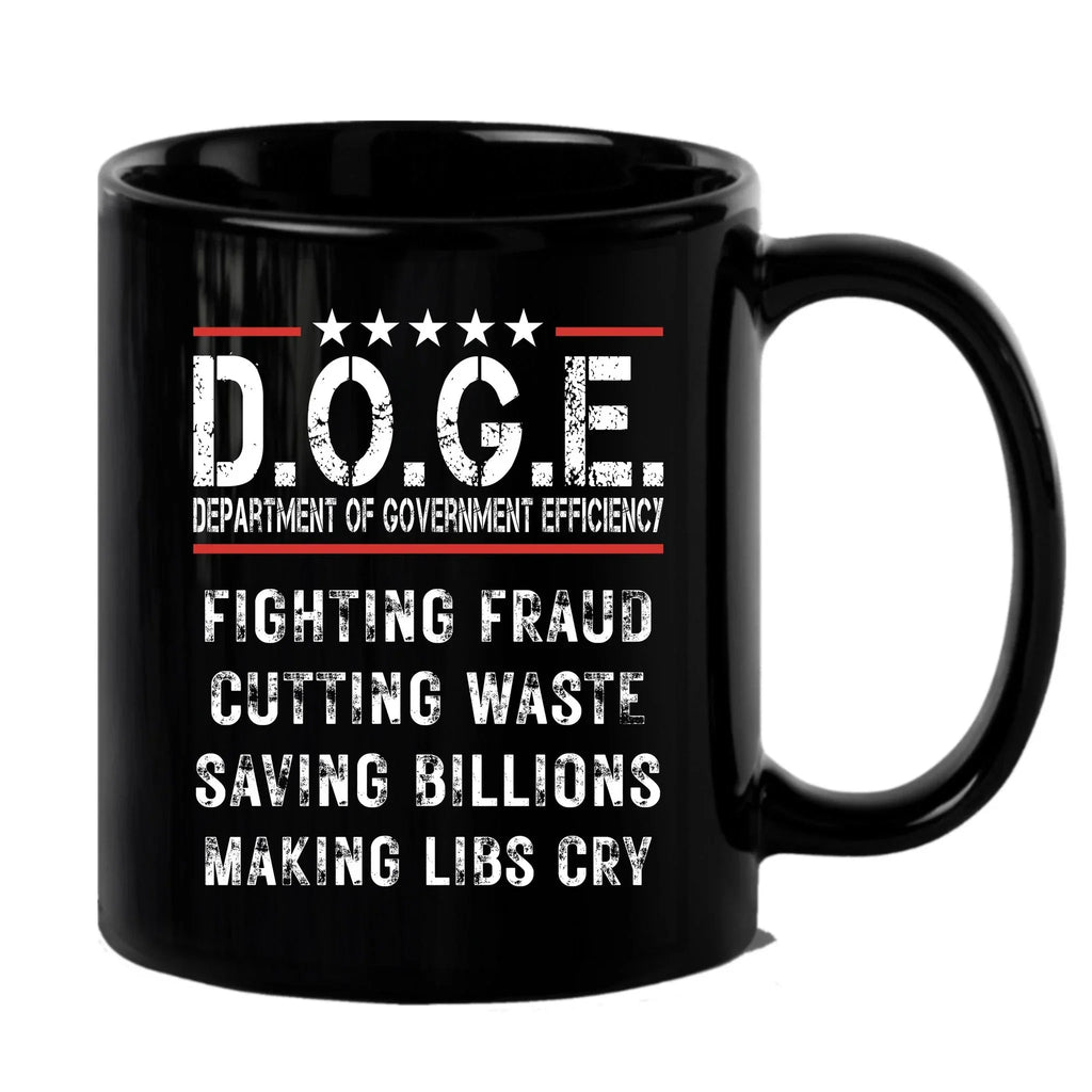 D.O.G.E. Coffee Mug – Funny Conservative Political Gift – Fighting Fraud, Cutting Waste, Saving Billions – 11oz & 15oz Black Ceramic Cup