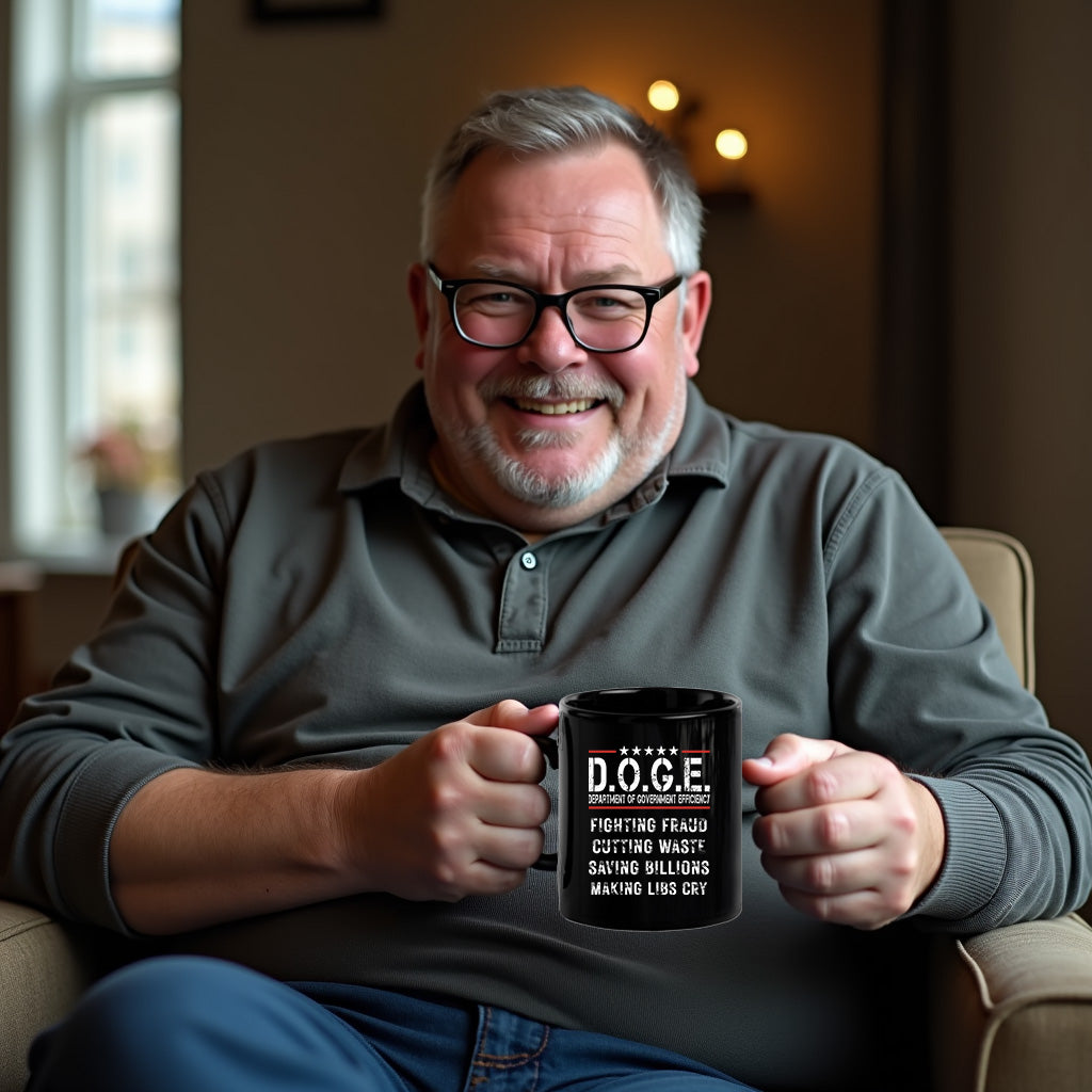 D.O.G.E. Coffee Mug – Funny Conservative Political Gift – Fighting Fraud, Cutting Waste, Saving Billions – 11oz & 15oz Black Ceramic Cup - Mallard Moon Gift Shop