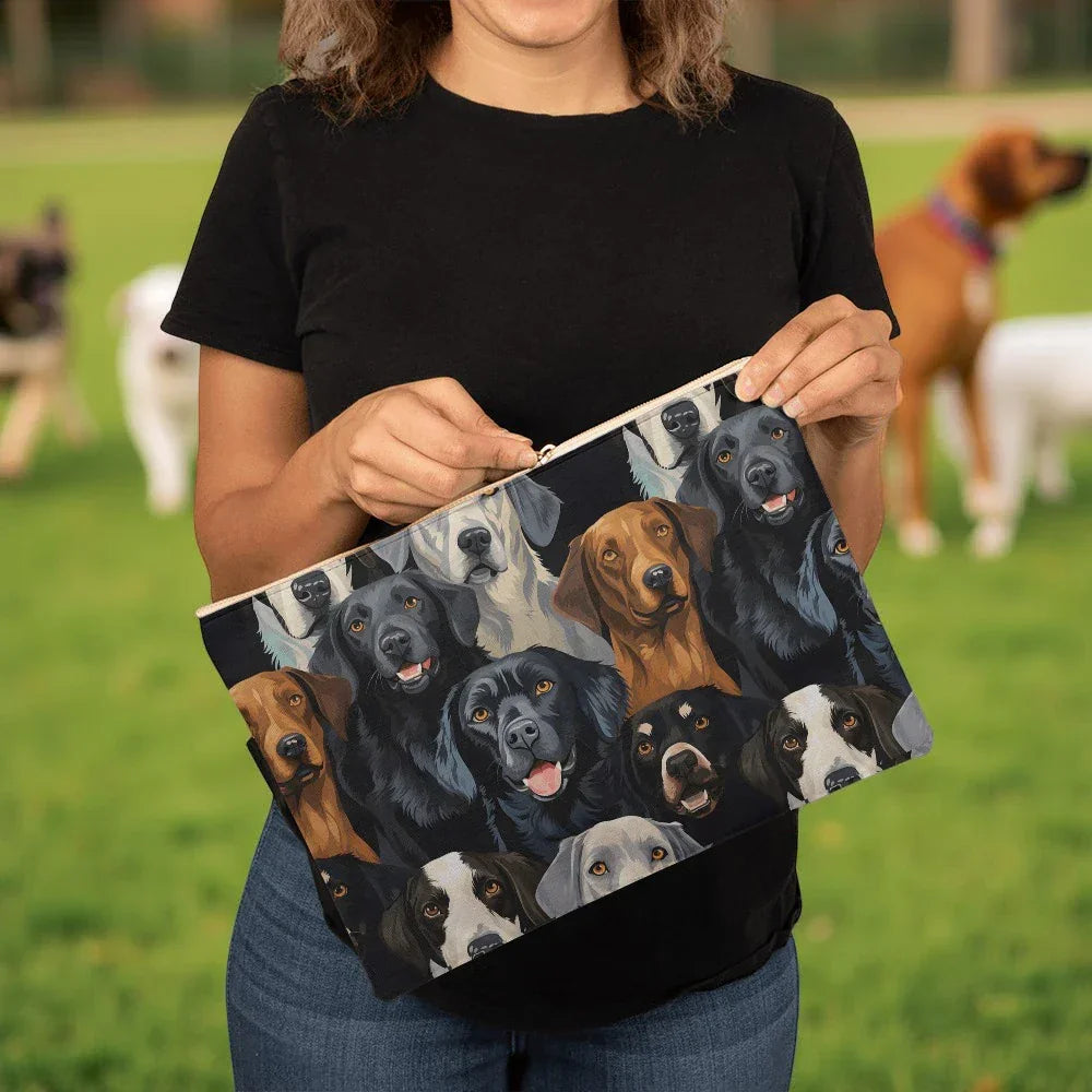 Dog Lover's Everyday Zipper Bag – Double-Sided Dog Print | 12.5" x 8.5" Durable Polyester Pouch with Optional Black or White Lining and Zipper