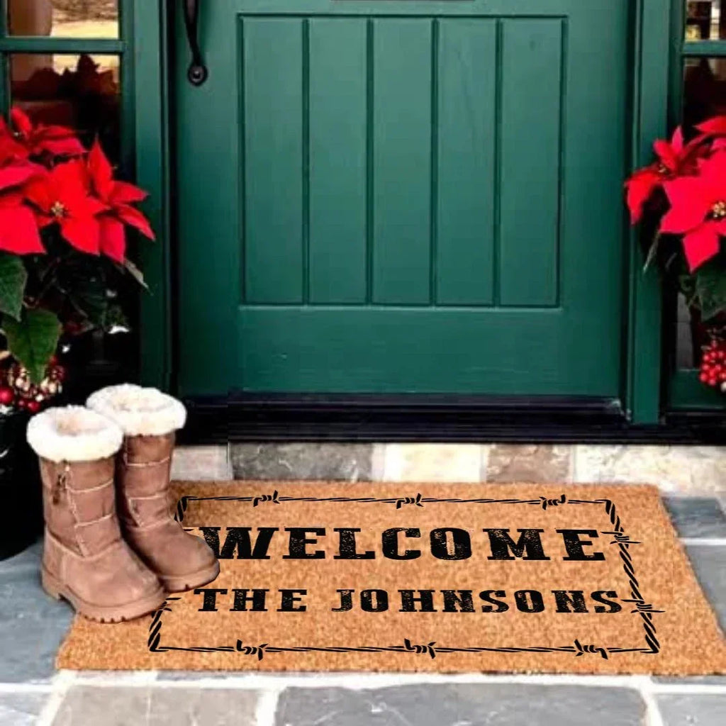 Personalized Western Welcome Doormat with Barbed Wire Frame – Custom Family Name Ranch-Style Outdoor Entrance Mat