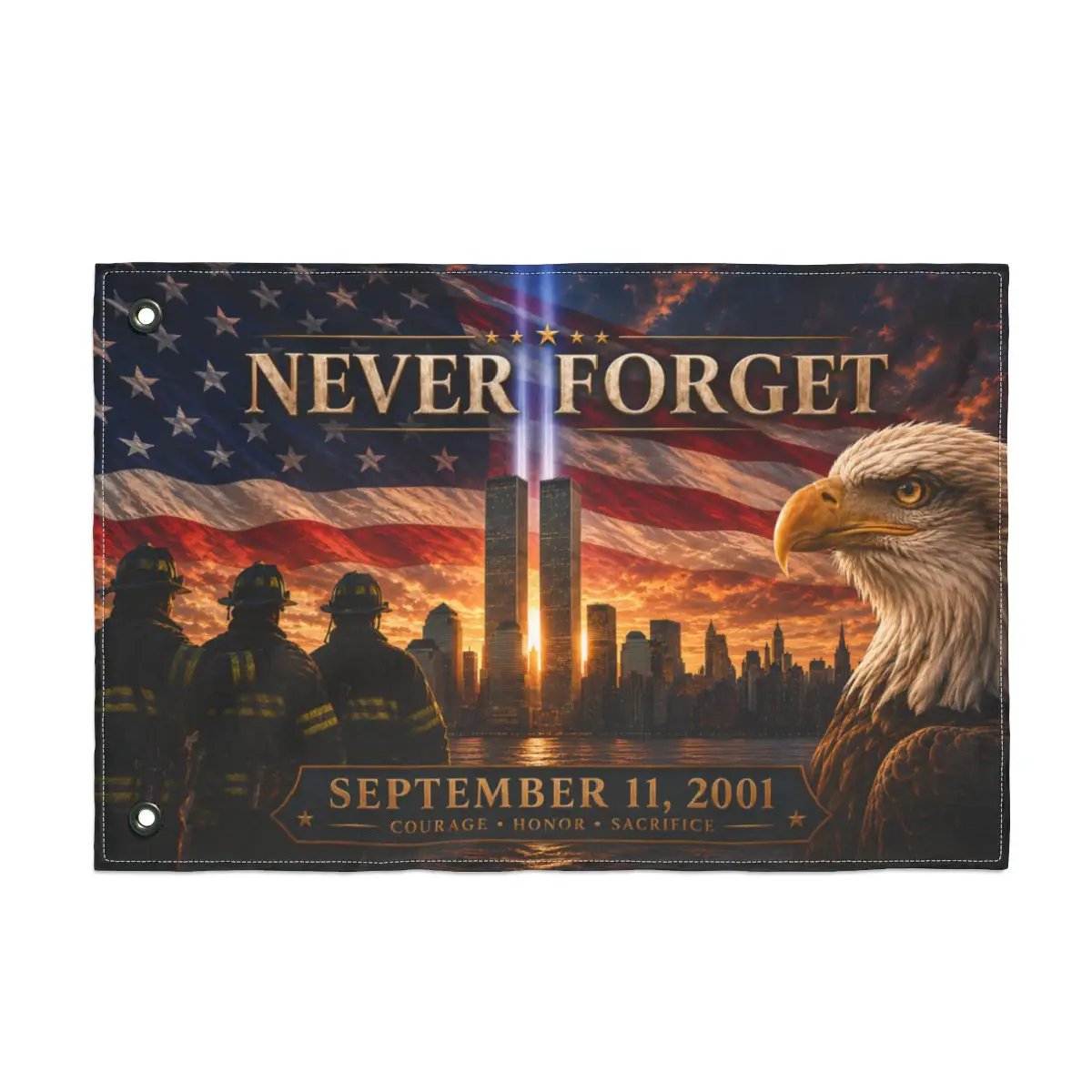 Twin Towers Patriotic Remembrance Flag, 9/11 Memorial Decor, Never Forget Double Sided Flag, September 11 Firefighter Tribute,