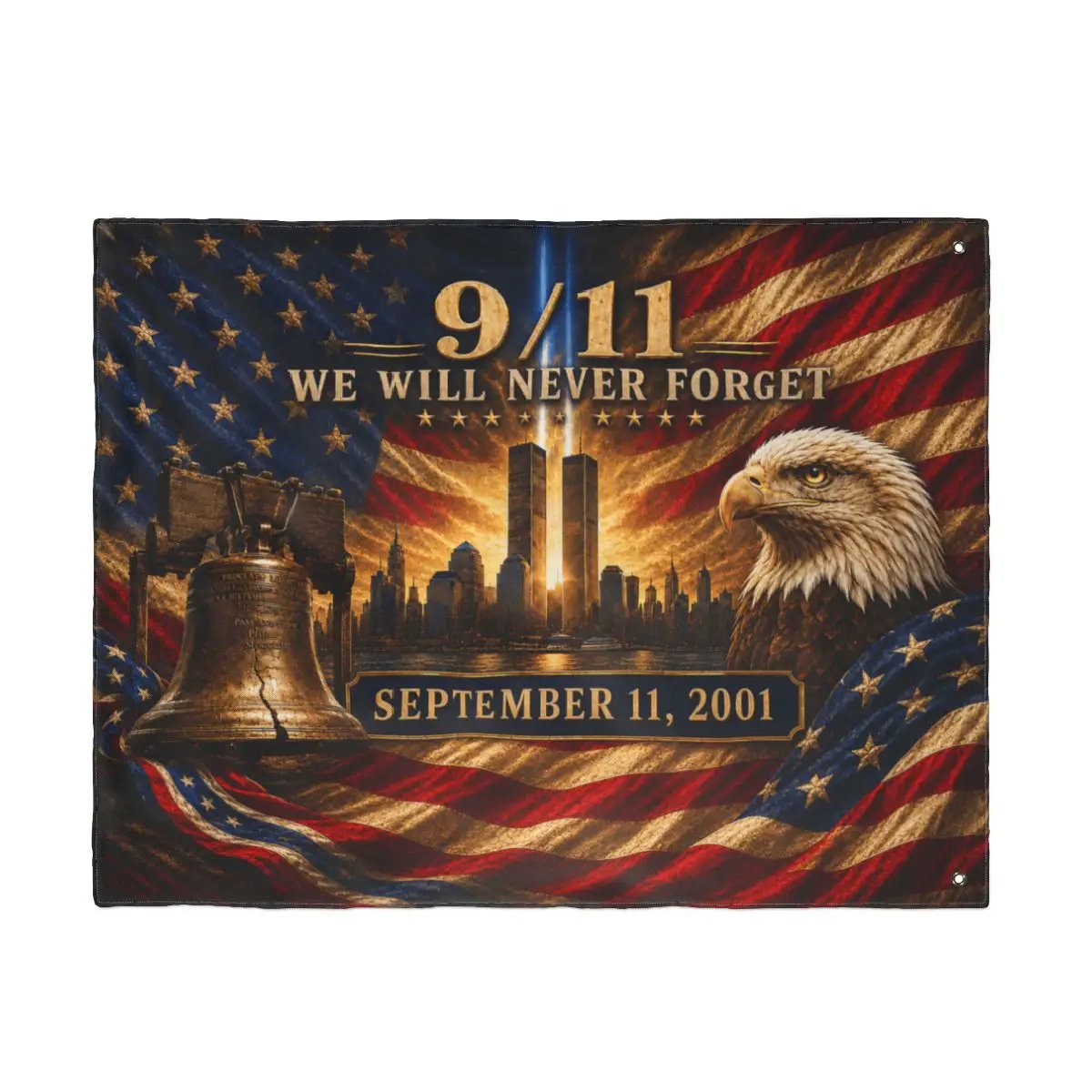 9/11 Never Forget Flag, September 11 Memorial Flag, Double Sided Grommet 911 Remembrance Flag, Patriotic Eagle Liberty Bell Decor