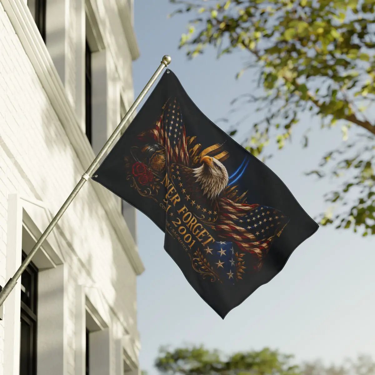 Never Forget 9/11 Double-Sided Memorial Flag – Eagle & Firefighter Tribute