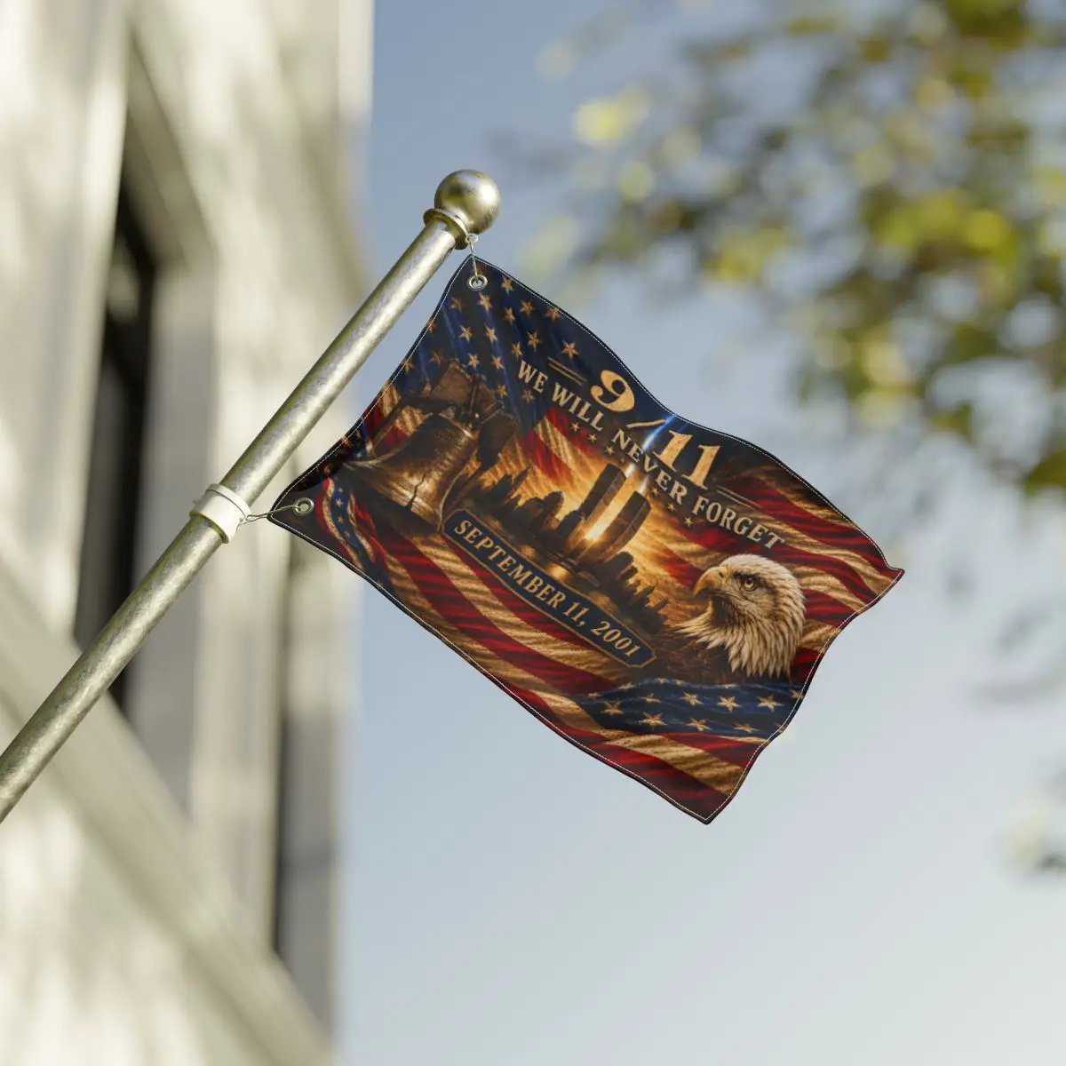 9/11 Never Forget Flag, September 11 Memorial Flag, Double Sided Grommet 911 Remembrance Flag, Patriotic Eagle Liberty Bell Decor