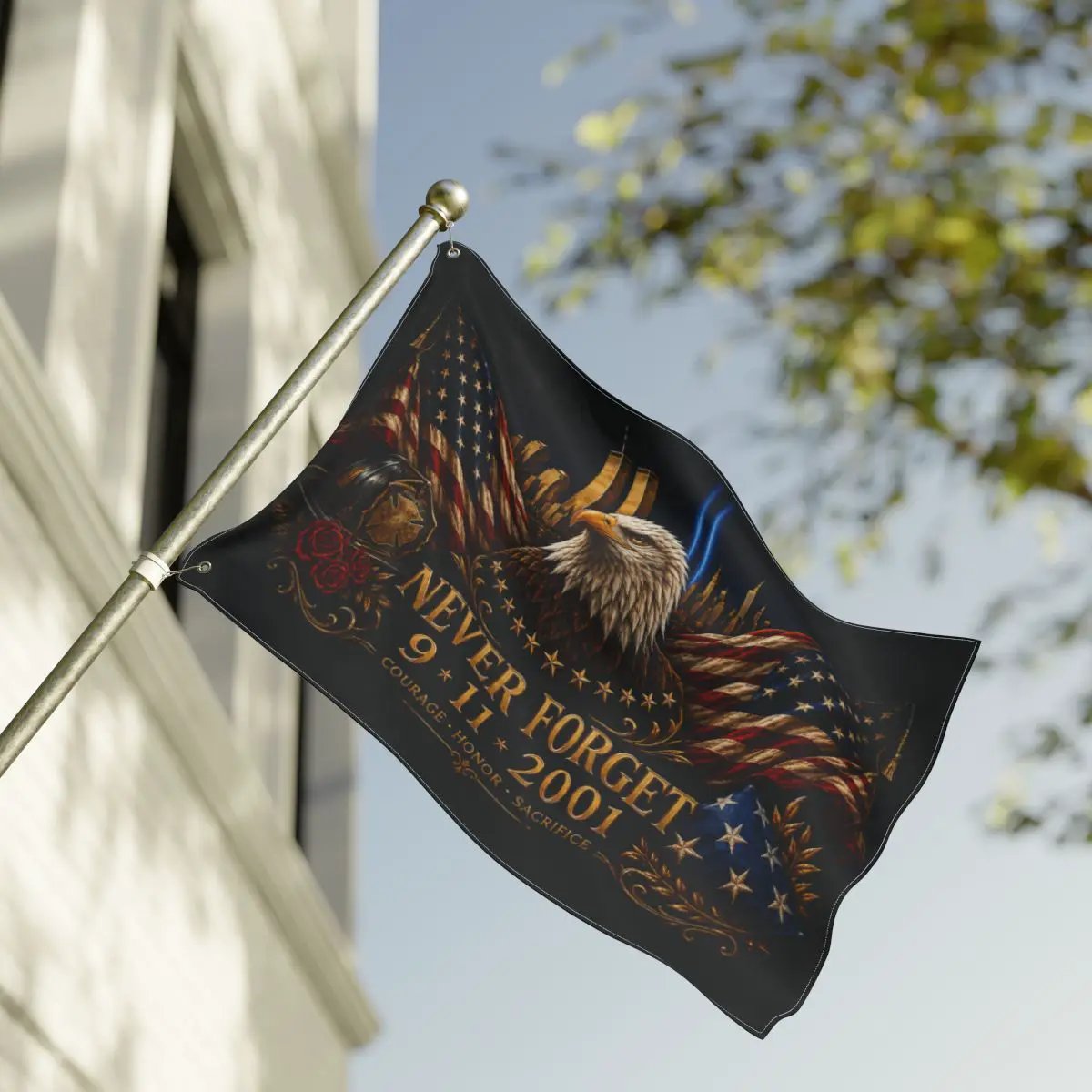 Never Forget 9/11 Double-Sided Memorial Flag – Eagle & Firefighter Tribute