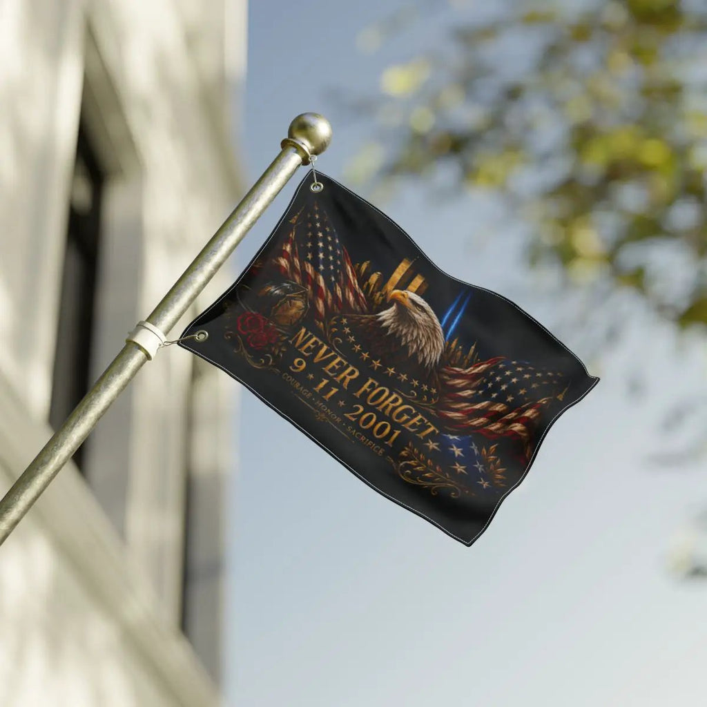 Never Forget 9/11 Double-Sided Memorial Flag – Eagle & Firefighter Tribute