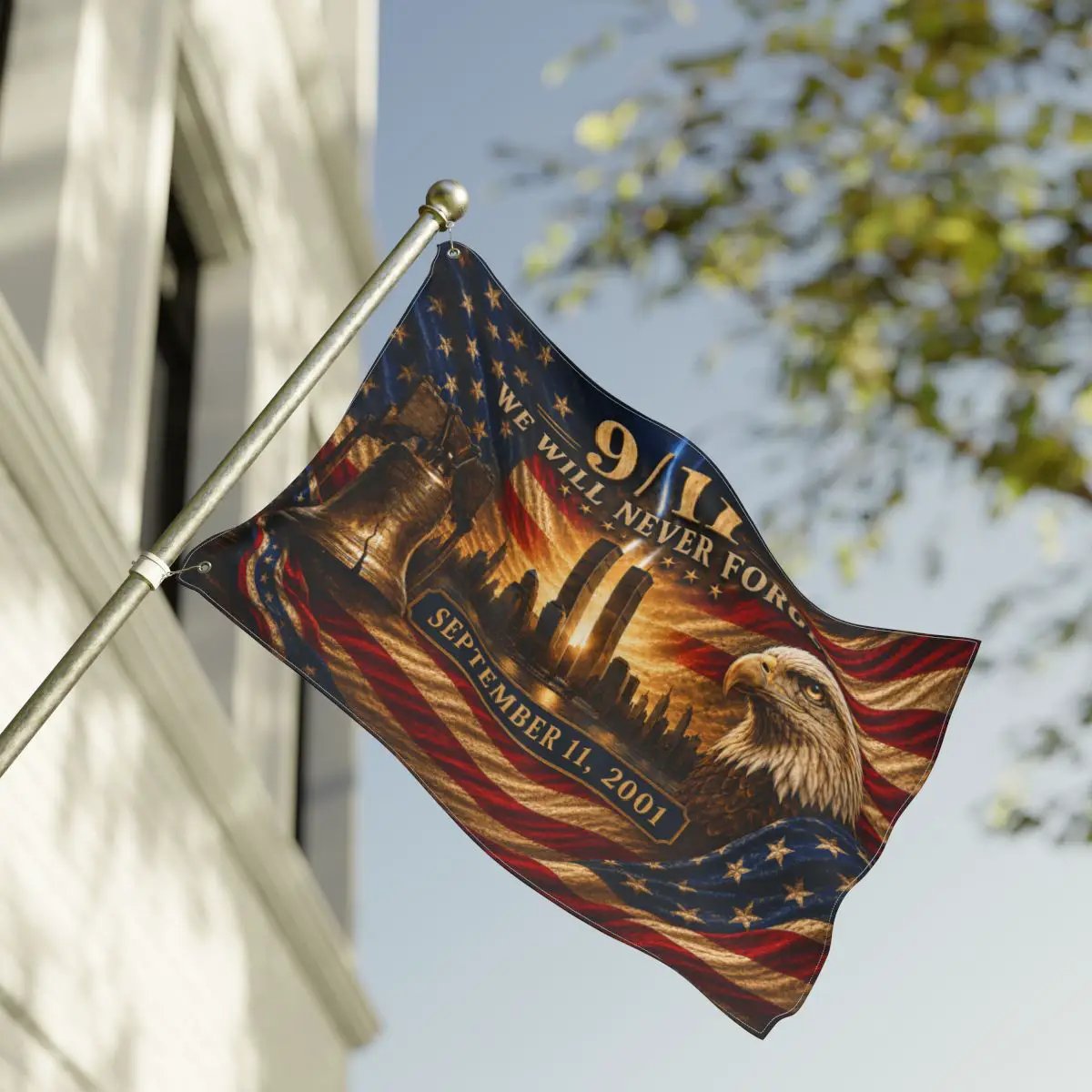 9/11 Never Forget Flag, September 11 Memorial Flag, Double Sided Grommet 911 Remembrance Flag, Patriotic Eagle Liberty Bell Decor
