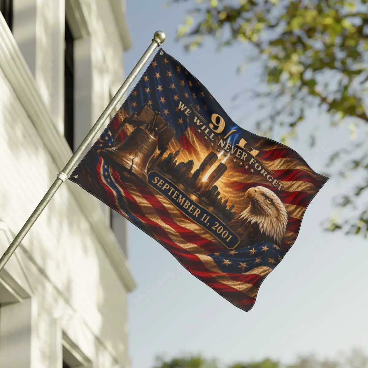 9/11 Never Forget Flag, September 11 Memorial Flag, Double Sided Grommet 911 Remembrance Flag, Patriotic Eagle Liberty Bell Decor