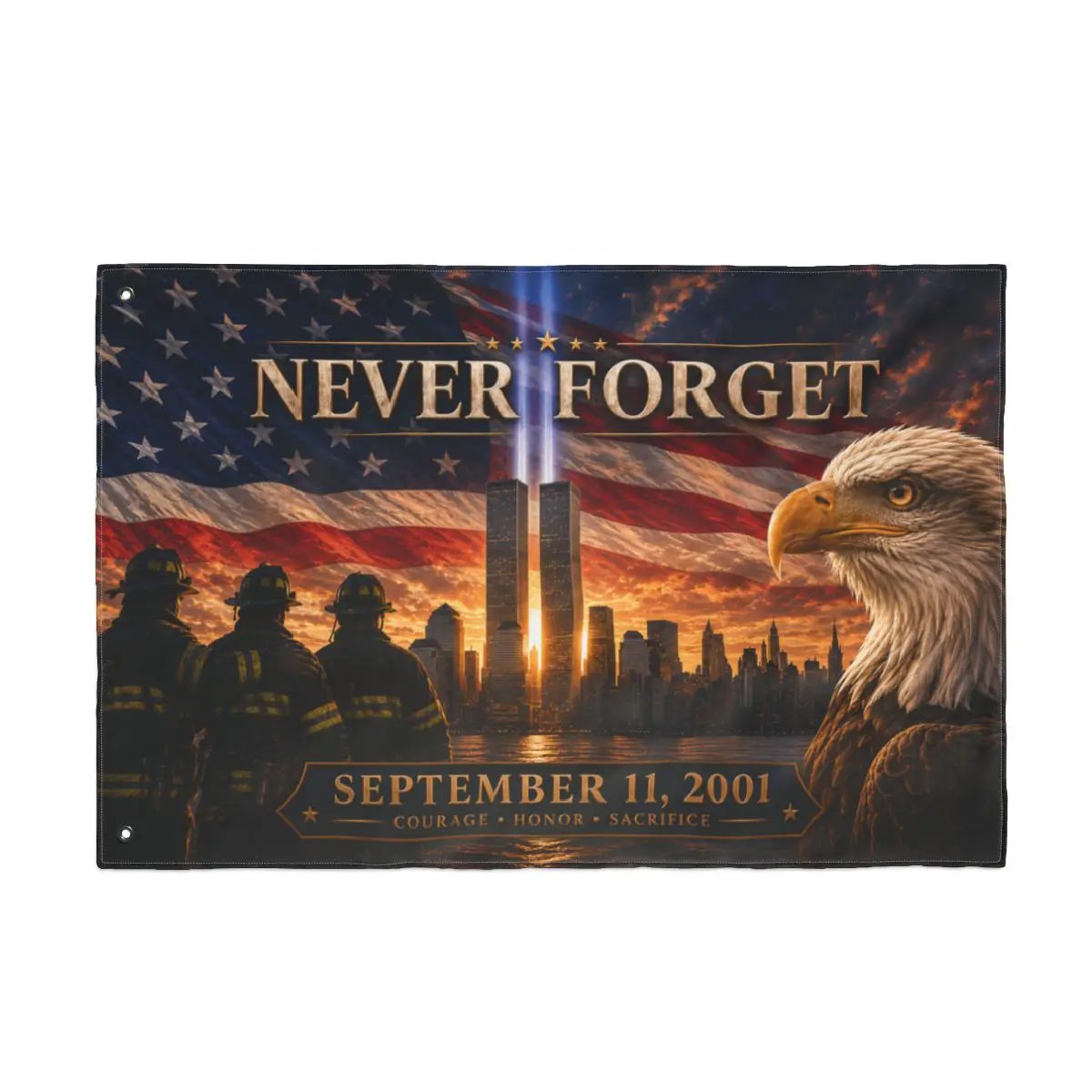 Twin Towers Patriotic Remembrance Flag, 9/11 Memorial Decor, Never Forget Double Sided Flag, September 11 Firefighter Tribute,