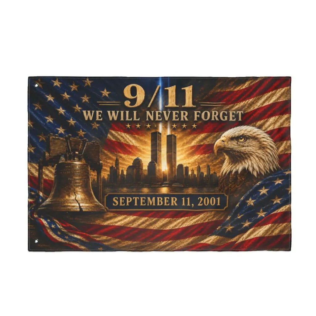 9/11 Never Forget Flag, September 11 Memorial Flag, Double Sided Grommet 911 Remembrance Flag, Patriotic Eagle Liberty Bell Decor