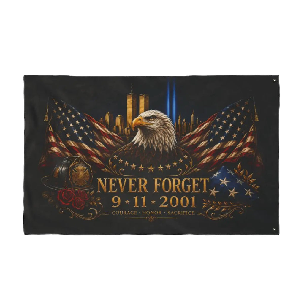Never Forget 9/11 Double-Sided Memorial Flag – Eagle & Firefighter Tribute