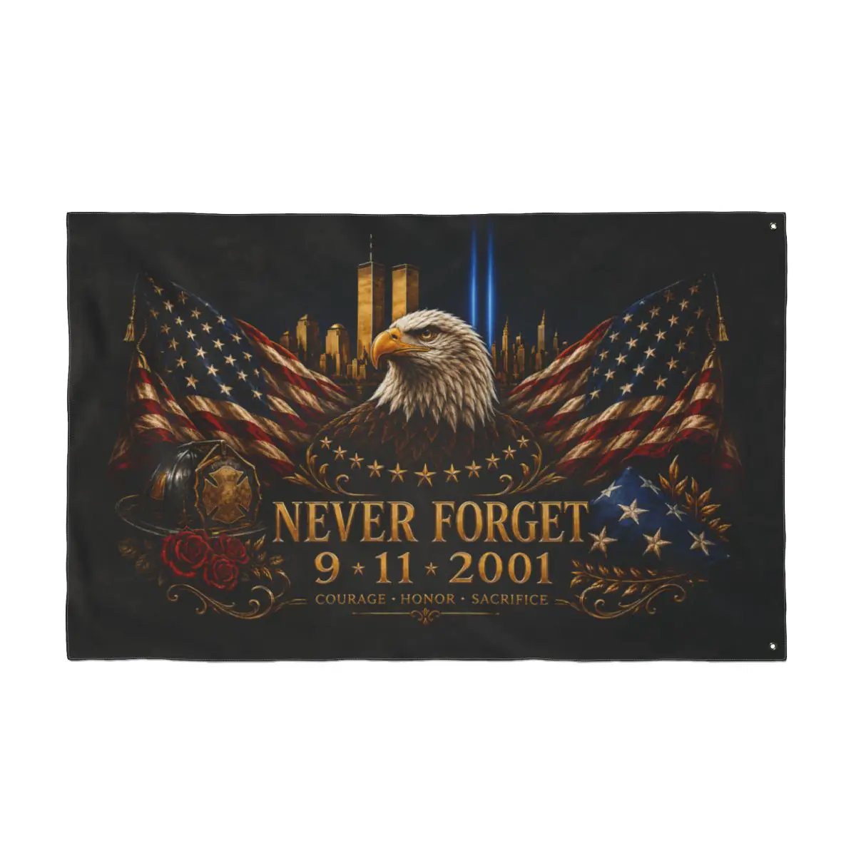 Never Forget 9/11 Double-Sided Memorial Flag – Eagle & Firefighter Tribute