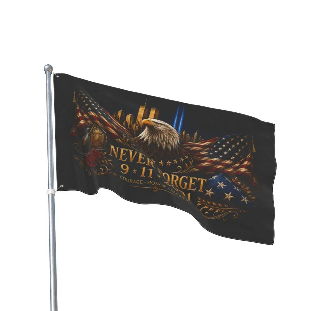 Never Forget 9/11 Double-Sided Memorial Flag – Eagle & Firefighter Tribute