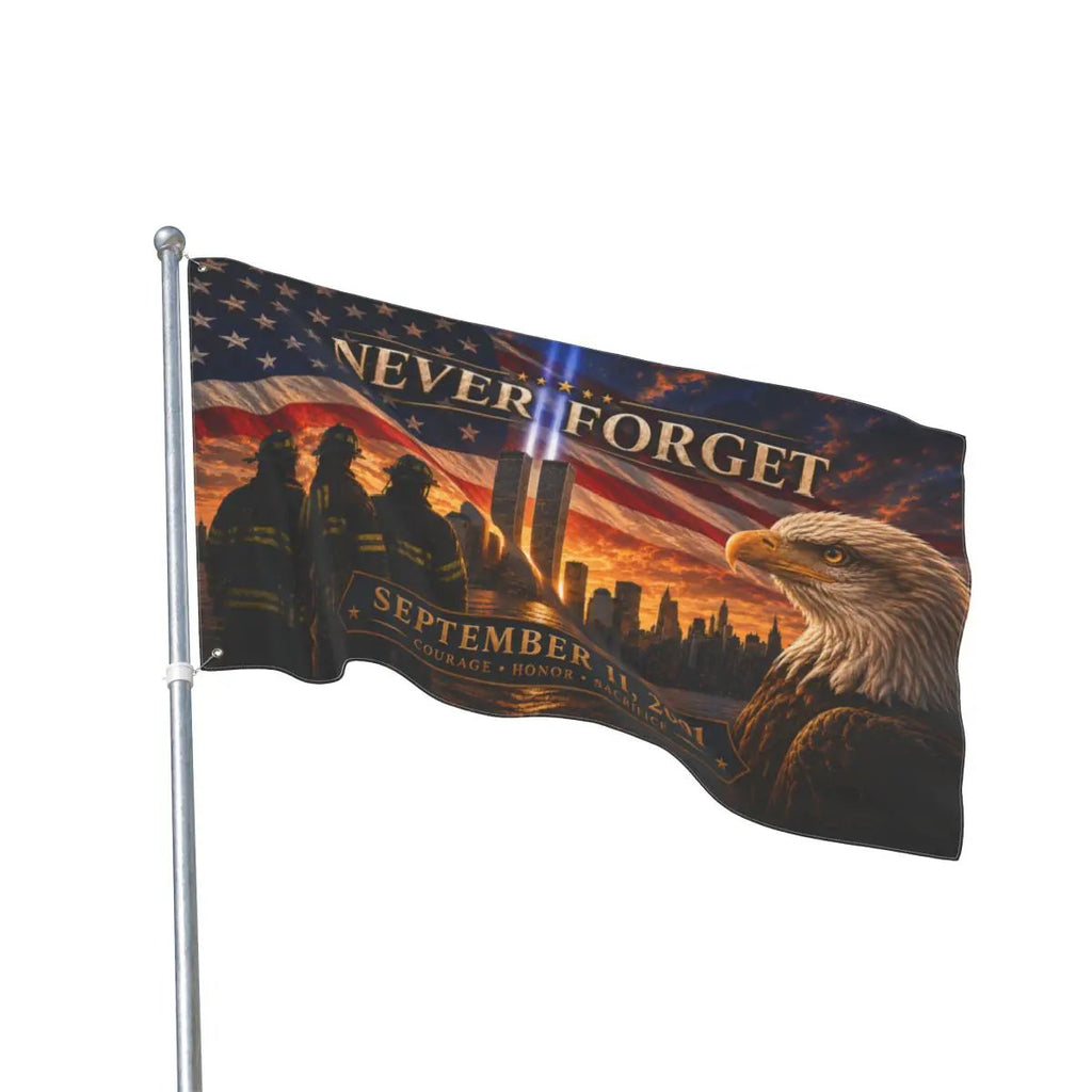Twin Towers Patriotic Remembrance Flag, 9/11 Memorial Decor, Never Forget Double Sided Flag, September 11 Firefighter Tribute,