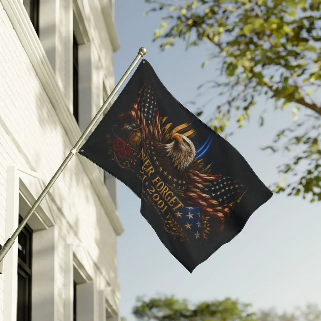 Never Forget 9/11 Double-Sided Memorial Flag – Eagle & Firefighter Tribute