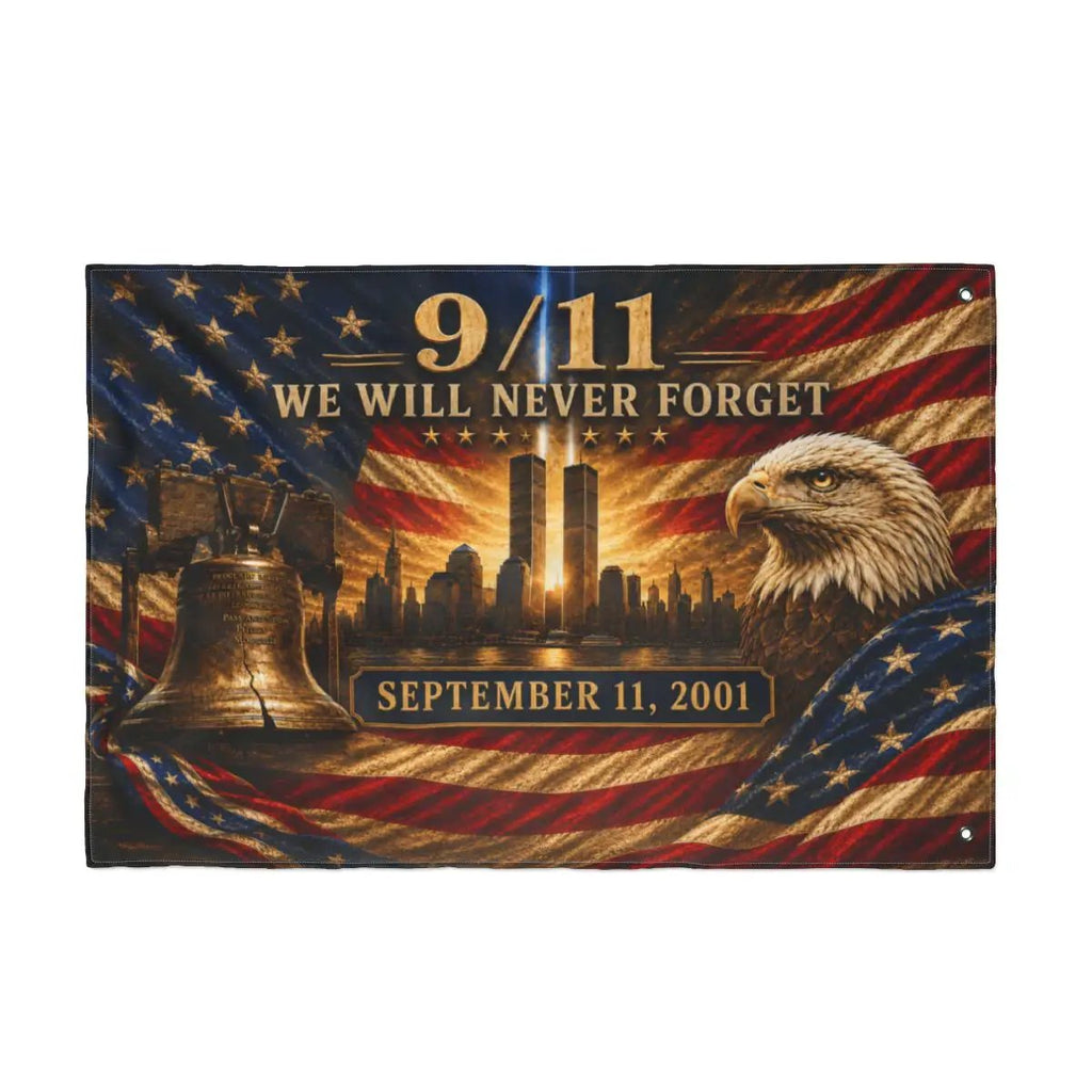 9/11 Never Forget Flag, September 11 Memorial Flag, Double Sided Grommet 911 Remembrance Flag, Patriotic Eagle Liberty Bell Decor