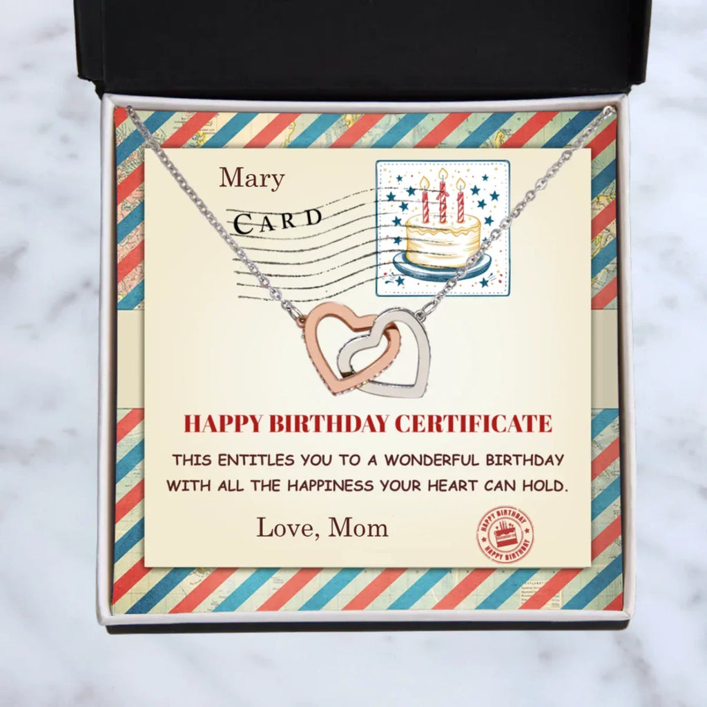 Happy Birthday Personalized Certificate Interlocking Hearts Necklace | Playful Birthday Gift for Her | Fun & Heartfelt Keepsake