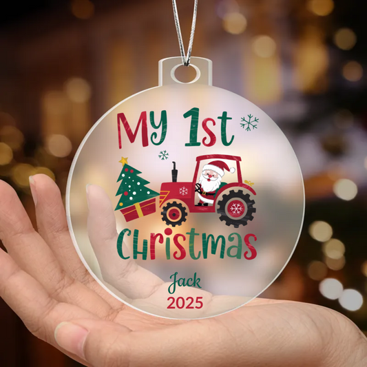 Personalized My 1st Christmas Acrylic Ornament with Name & Year – Santa Tractor Baby’s First Christmas Keepsake Gift