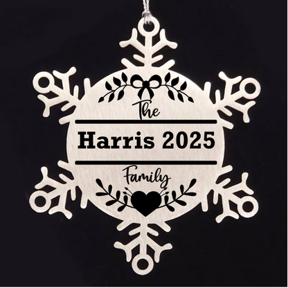 Personalized Family Name Laser Engraved Stainless Steel Snowflake Tree Ornament - Mallard Moon