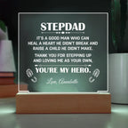 Stepdad Acrylic LED Plaque – “You're My Hero” Personalized Gift with Custom Name for Father's Day, Birthday, or Christmas