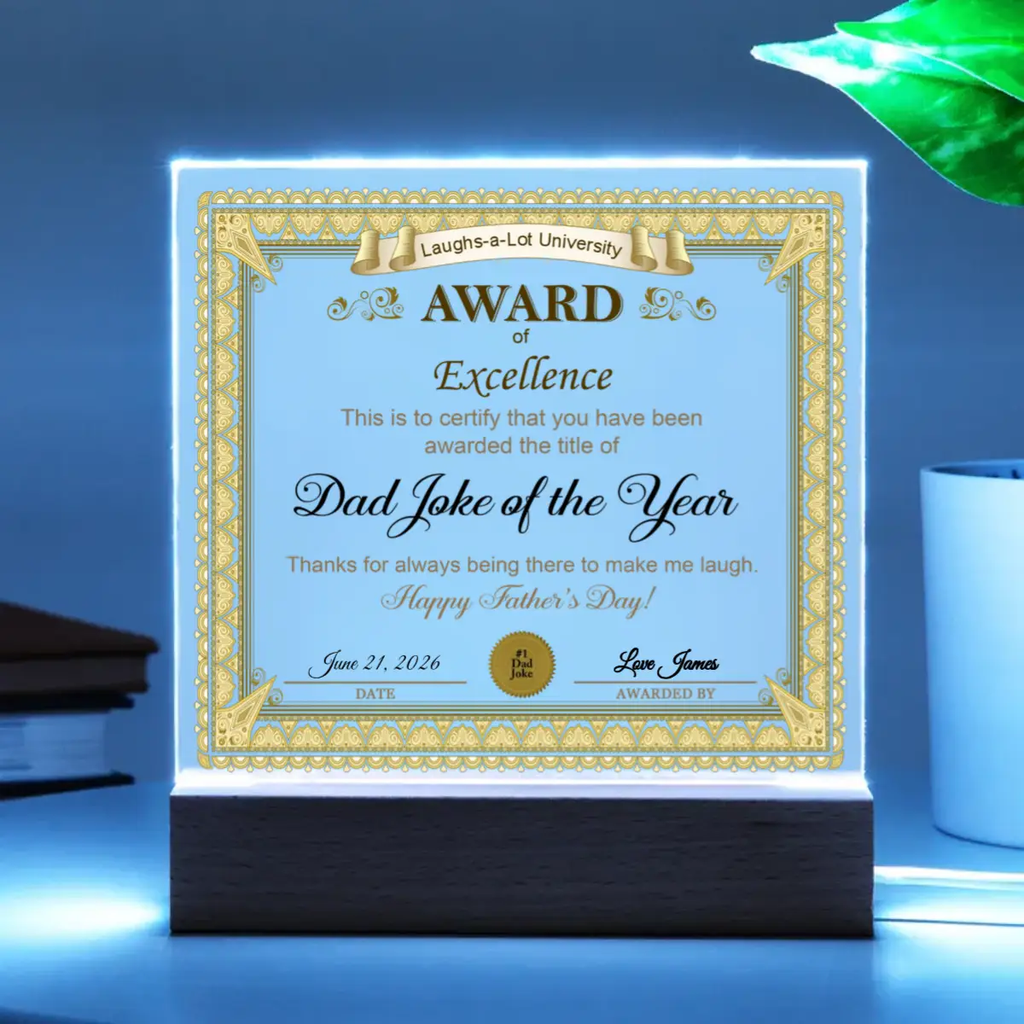 Gift for Dad Award of Excellence for Dad Joke of the Year Personalized Acrylic Plaque
