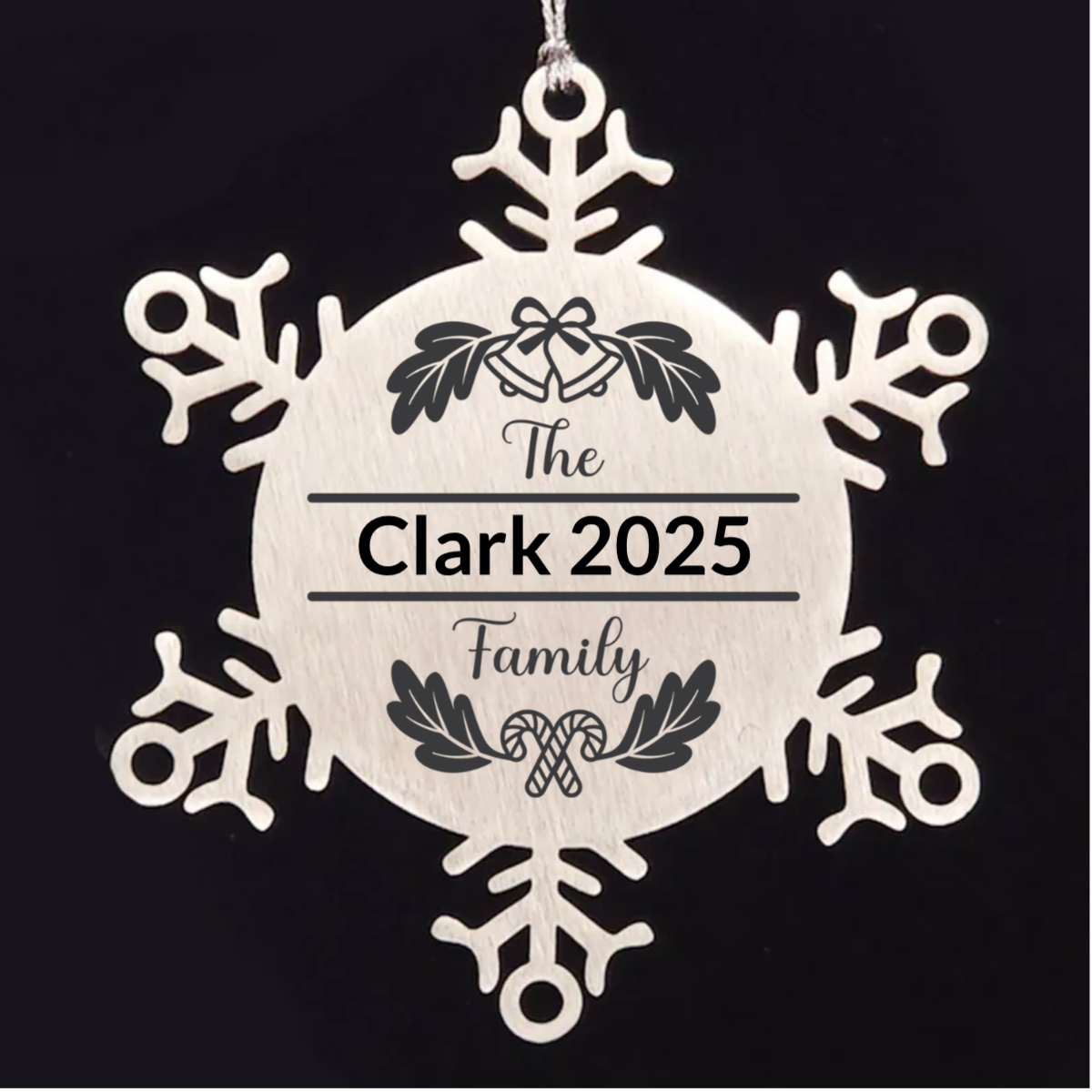 Personalized Family Name Christmas Bells Laser Engraved Stainless Steel Snowflake Tree Ornament - Mallard Moon