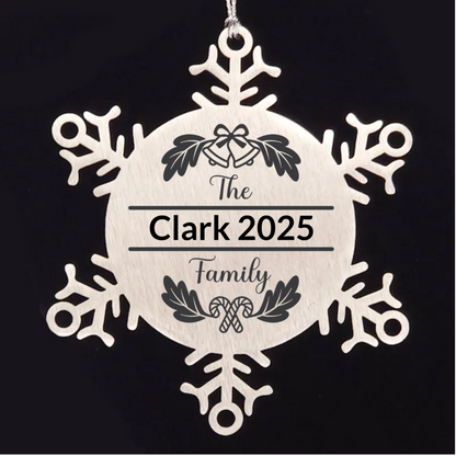 Personalized Family Name Christmas Bells Laser Engraved Stainless Steel Snowflake Tree Ornament - Mallard Moon