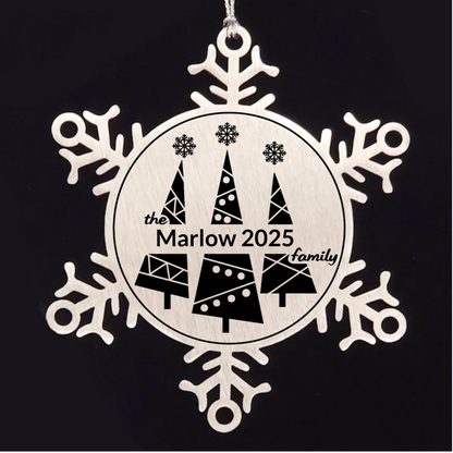 Personalized Snowflake Christmas Tree Ornament Family Name Laser Engraved Stainless Steel Keepsake - Mallard Moon
