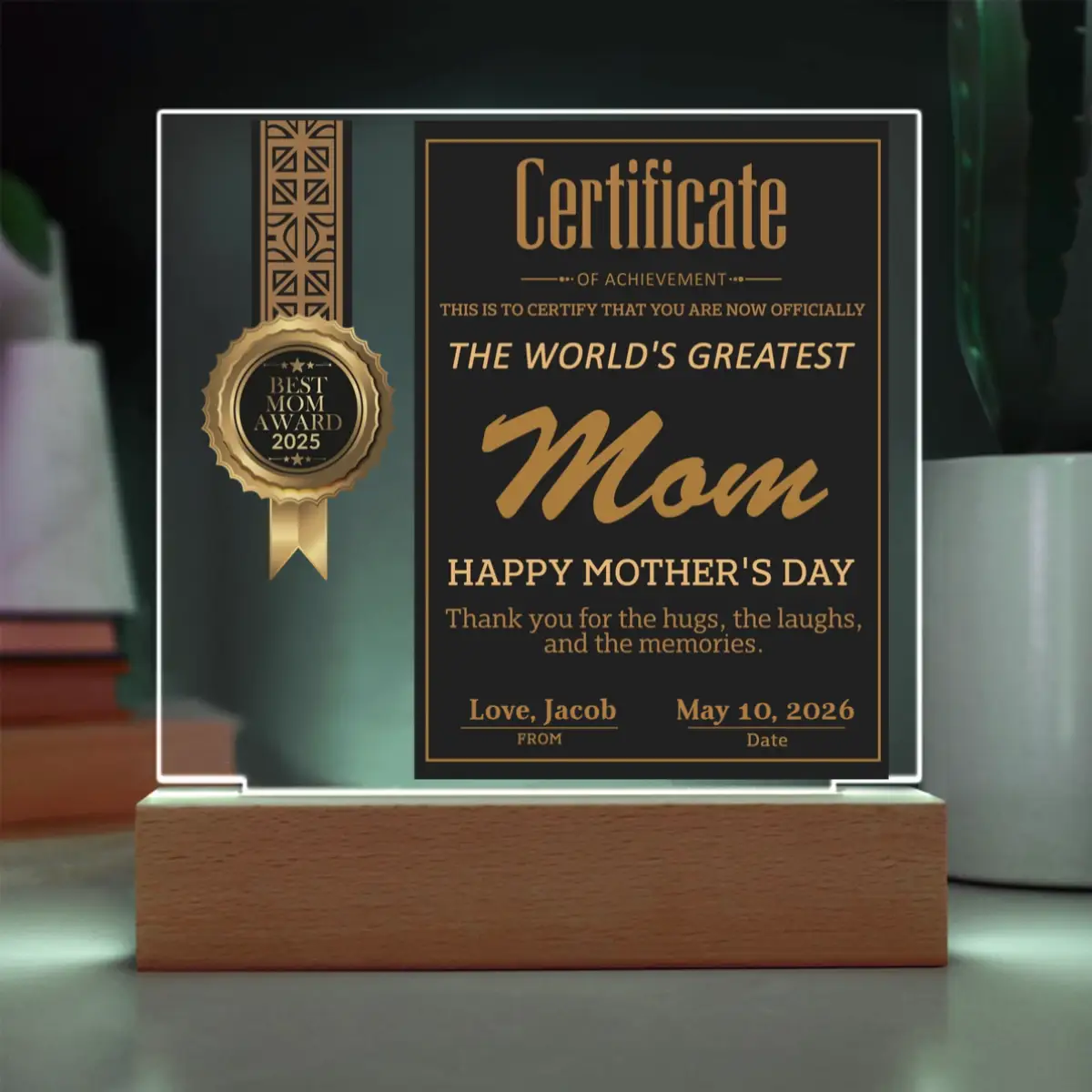 World's Greatest Mom Certificate LED Acrylic Plaque – Personalized Best Mom Award 2026 Mother's Day Gift