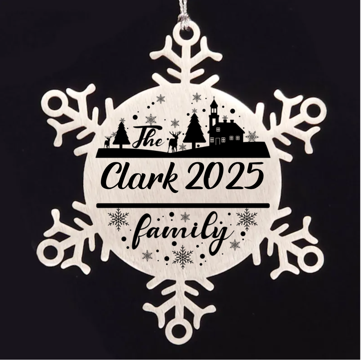 Personalized Family Name Christmas Laser Engraved Stainless Steel Snowflake Tree Ornament - Mallard Moon