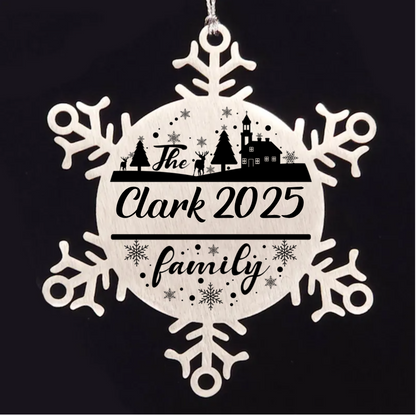 Personalized Family Name Christmas Laser Engraved Stainless Steel Snowflake Tree Ornament - Mallard Moon