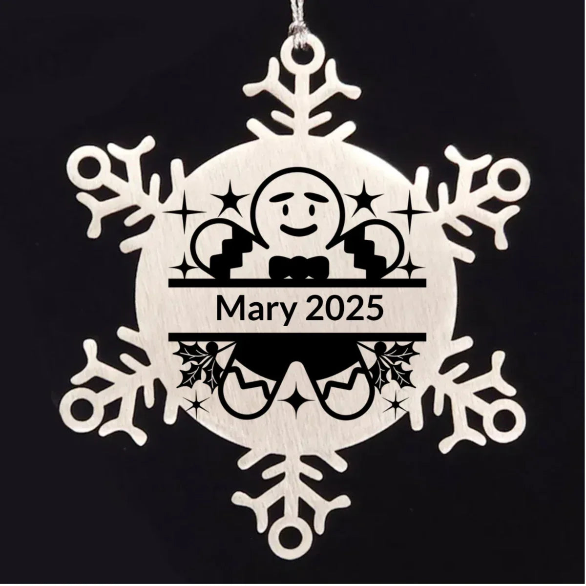 Personalized Gingerbread Man Snowflake Wreath Tree Ornament Family Name Laser Engraved Stainless Steel