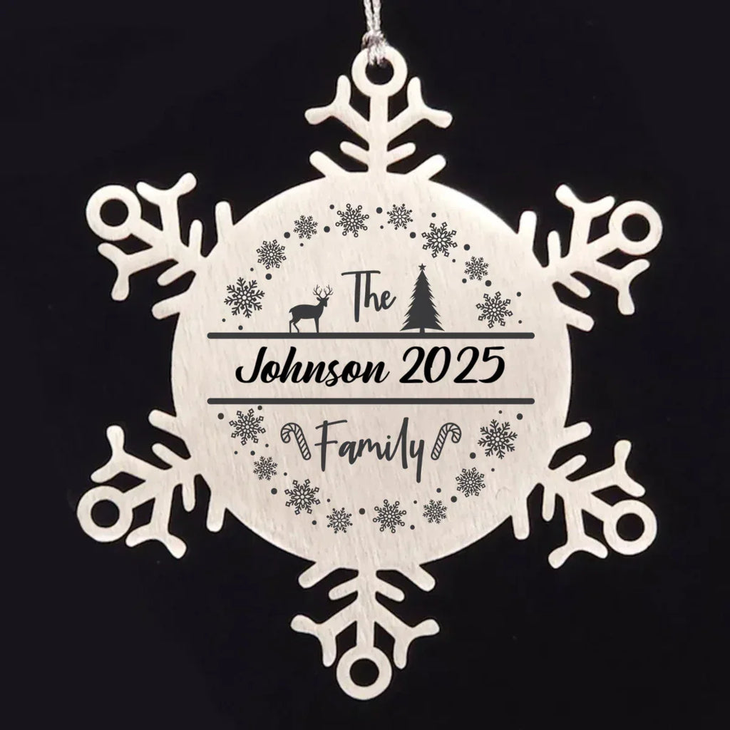 Personalized Family Name Deer in Woods Laser Engraved Stainless Steel Snowflake Christmas Tree Ornament