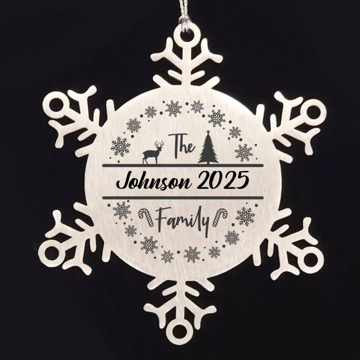 Personalized Family Name Deer in Woods Laser Engraved Stainless Steel Snowflake Christmas Tree Ornament