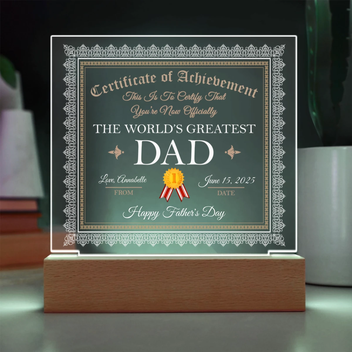 World's Greatest Dad Personalized Certificate – Custom Acrylic Plaque with Name & Date – Birthday, Father's Day, or Any Occasion