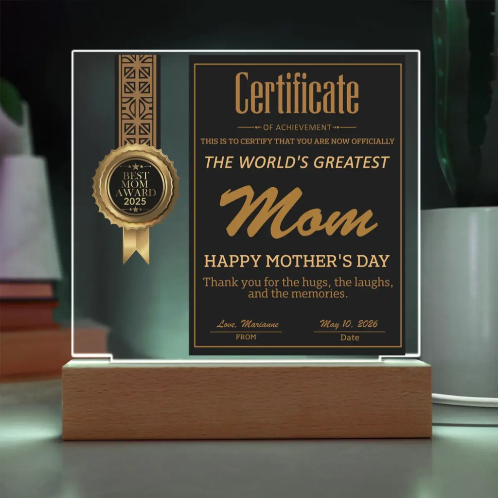 World's Greatest Mom Certificate LED Acrylic Plaque – Personalized Best Mom Award 2026 Mother's Day Gift