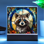 Raccoon Stained Glass Acrylic LED Light Plaque – Custom Animal Art Gift with Wooden Base