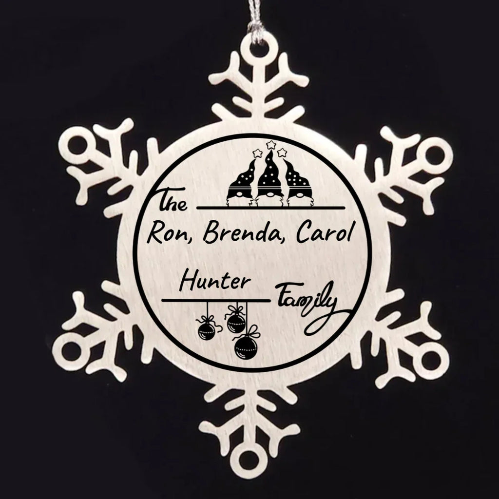 Personalized 3 Gnome Family Snowflake Ornament – Custom Stainless Steel Christmas Keepsake with Gift Bag – Engraved Names & Dates Holiday Decor for Family, Friends, Couples