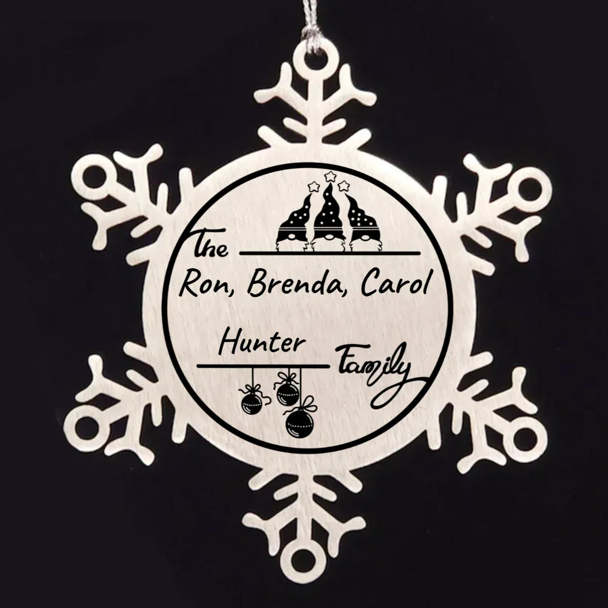 Personalized 3 Gnome Family Snowflake Ornament – Custom Stainless Steel Christmas Keepsake with Gift Bag – Engraved Names & Dates Holiday Decor for Family, Friends, Couples