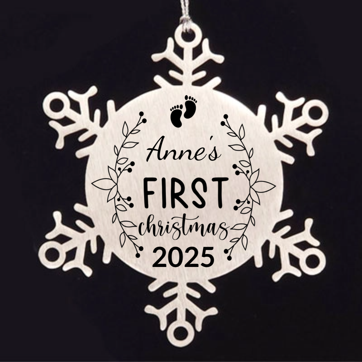 Baby's First Christmas Personalized Laser Engraved Stainless Steel Snowflake Ornament - Mallard Moon