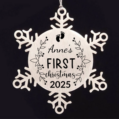 Baby's First Christmas Personalized Laser Engraved Stainless Steel Snowflake Ornament - Mallard Moon