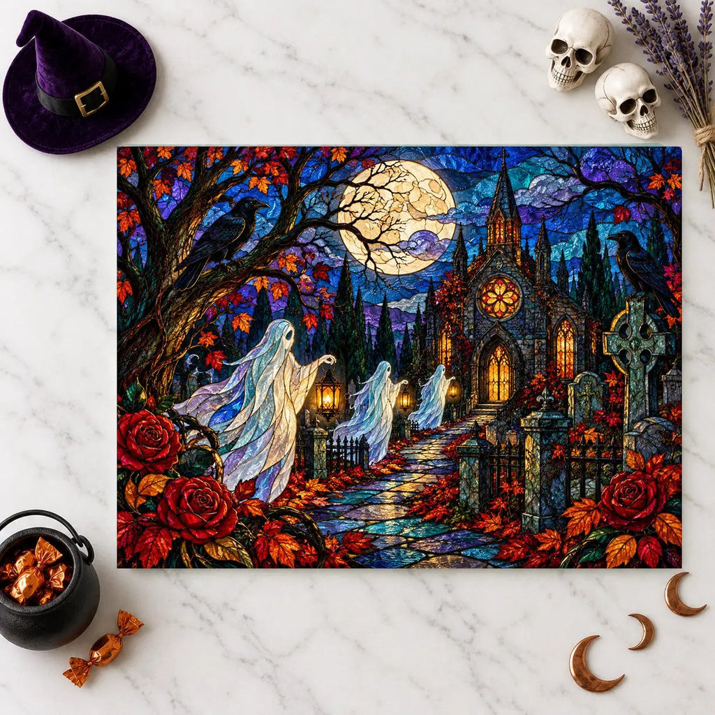 Halloween Ghosts Personalized Glass Cutting Board, Spooky Pumpkin Kitchen Decor