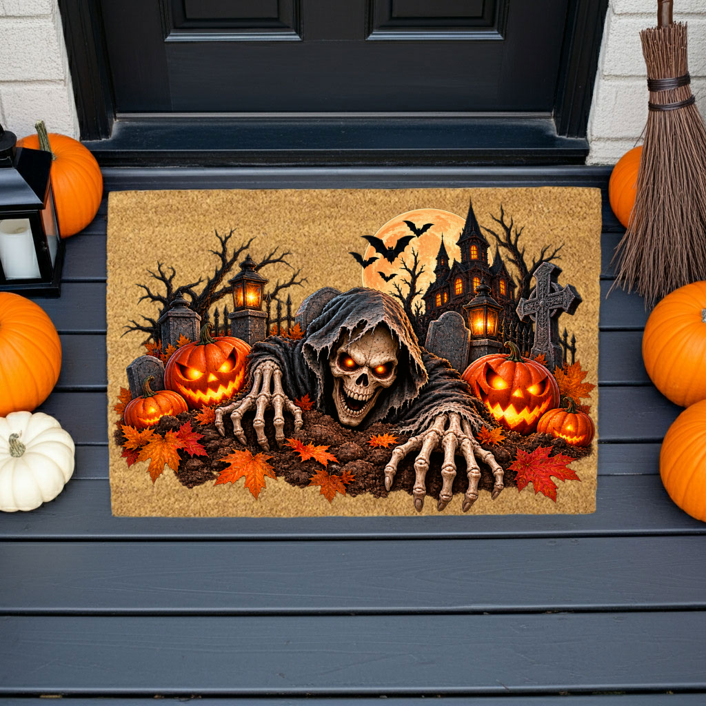 Creepy Skeleton Doormat, Grim Reaper Halloween Coir Mat, Scary Jack O Lantern Welcome Mat, Haunted House Spooky Porch Decor
