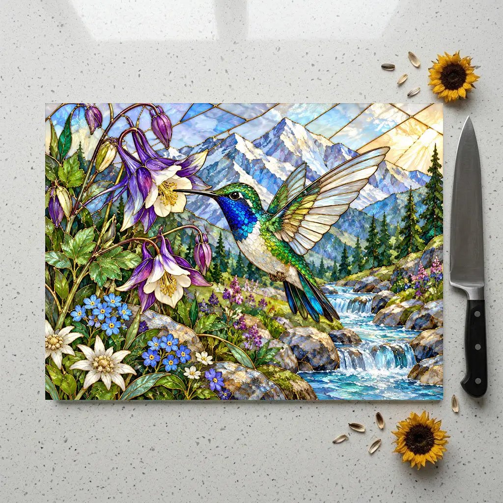 Hummingbird Glass Cutting Board, Stained Glass Mountain Art, Columbine Flower Kitchen Decor, Bird Lover Gift, Alpine Nature Cutting Board