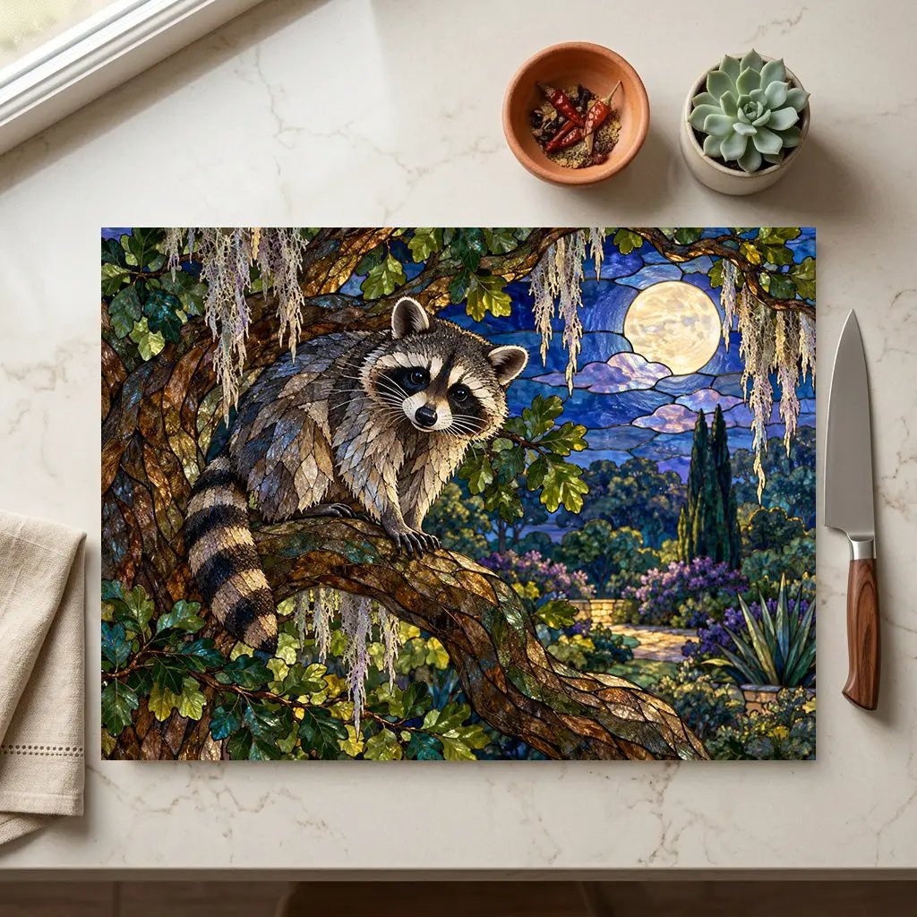 Raccoon Glass Cutting Board, Woodland Kitchen Decor, Moonlit Forest Chopping Board, Wildlife Lover Gift, Rustic Nature Kitchen Accent